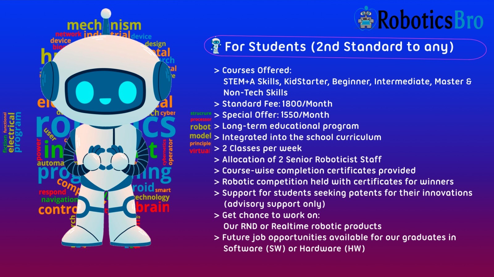 Original RoboticsBro student banner showing learning pathways and historical offers; confirm all pricing and delivery details with the team